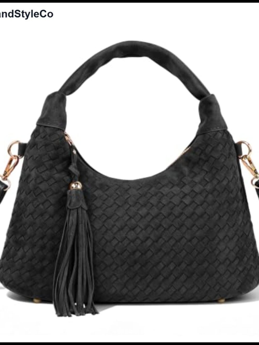 Woven Suede Hobo Bag with Tassel, Convertible Shoulder Crossbody Purse
